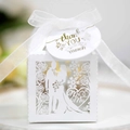 White laser cut heart candy box with Mr & Mrs design and elegant white ribbon tie - White with Tag