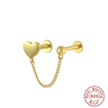 Detail of 925 sterling silver golden heart ear stud with connecting chain for cartilage - Single Gold-Chain Heart