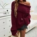 Elegant wine red off-shoulder knit sweater with long sleeves in a relaxed fit - S / Burgundy