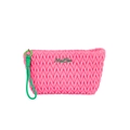 Pink woven cosmetic bag with green rope handle and embroidered logo in a chic design - Hexagonal Bag / Pink