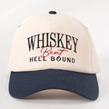 Detailed view of Whiskey and Hell Bound embroidery on the contrast color baseball cap - Adjustable / Cream/Navy Blue