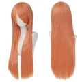 Detail view of an 80cm long straight orange cosplay wig with fringe on a white mannequin - Orange Red