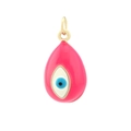 Detail view of pink enamel evil eye pendant with gold clasp in a teardrop shape - Rose Pink/P00280