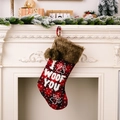 Weihnachtssocke mit rot-schwarzem Karomuster, I WOOF YOU Stickerei und braunem Kunstpelz - Buchstaben-Stil
