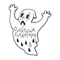 Detailed view of enamel ghost pin with Overthink Everything text on white background - Overthinking Ghost