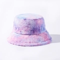 Close-up of thick plush tie-dye bucket hat in pink purple and blue winter faux fur texture - M (56-58cm) / Color 5 (Pink Purple Blue Tie-Dye)