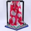 Red silk satin square scarf with paisley patterns and multicolored geometric borders - Paisley Rose Red Base Green Border (SD90-01-2)