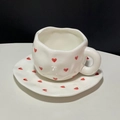Handcrafted ceramic coffee cup and saucer set with red heart pattern and wavy edges - 250ML / Small Red Hearts