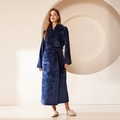 Thick navy blue flannel couple's bathrobe with long sleeves and quilted pocket detail - Navy Blue Women