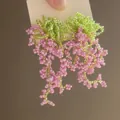 Detailed close-up of handmade resin flower drop earrings with pink and green beads - 30# Pink & Green Seed Bead Vine Design (925 Sterling Silver Earring Post)