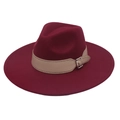 Detail of burgundy wide brim fedora hat featuring a beige leather strap with silver buckle - Burgundy