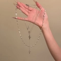 Layered silver necklace set with cross pendants, Virgin Mary medal and pearl beads - Multi-layer Cross Pearl Style / Silver
