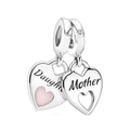 Silver mother and daughter double heart charm with pink enamel and engraved lettering - Pink Mother Daughter Heart