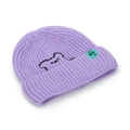 Purple ribbed knit beanie featuring a cartoon bear embroidery and green decorative tag - Purple
