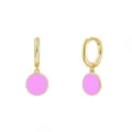 Elegant 24K gold plated hoop earrings featuring a cute pink smiley face pendant - Gold Pink Smiley Face (JQH0081-GG-5)