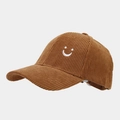 Detailansicht der Baseballkappe aus Cord in Karamell mit weißem Smiley-Stickerei - Verstellbar / Camel