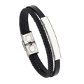 Men's double-strand black braided faux leather bracelet with polished steel plate - Steel