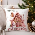 Square Christmas pillow case with pink gingerbread house and snowman illustration - TQYM72-14 (Dreaming of a Pink Christmas)