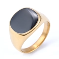 Polished gold stainless steel signet ring with a smooth black oval enamel inlay - Oval Black Gold Style (04306)
