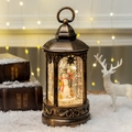 Farol de Navidad vintage de bronce con bola de nieve de muñeco y luz LED cálida - Pueblo de linternas planas pequeñas
