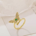 Golden butterfly ring with white and green cubic zirconia stones on soft background - Adjustable Open / 【J527】Gold Butterfly Ring (Green Stone)