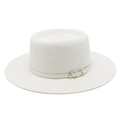 Detail of white boater hat with fine weave and leather band with gold metal buckle - M (56-58cm) / White