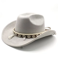 Close-up of white fringe tassels and shell accents on a grey suede cowboy hat - M(56-58cm) / Light Gray