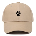 Detail of khaki cotton baseball cap featuring high-quality black cat paw embroidery - Adjustable / Khaki