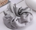 Silver grey satin scrunchie with sparkling rhinestones on a minimalist background - Large Rhinestone Scrunchie - Grey