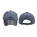 Front and back view of washed baseball cap with black leather brim and adjustable metal buckle - Navy Blue
