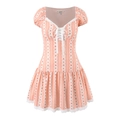 Süßes rosa Blumenkleid mit Puffärmeln, Karree-Ausschnitt und Spitzenbesatz für Damen - S / Rosa Blumig