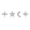 Silver flower and star moon earring set with sparkling white zircon stones for women - Silver Star Moon Series Stud Set (#75)