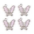 Set of four butterfly pendants with pink enamel and sparkling crystals in silver finish - White K - Pink