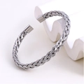 Silver braided stainless steel open C-shaped cuff bracelet with square end caps - Steel