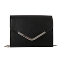 Classic black leather square crossbody bag with silver V-shaped buckle and chain strap - Black