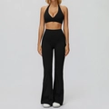 Conjunto de yoga negro para mujer con sujetador deportivo halter y mallas acampanadas - S / Sujetador+Pantalones Acampanados-Negro