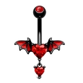 Gothic bat wing belly ring featuring black plating and vibrant red heart crystals - Wings Belly Button Ring 1.6x10mm