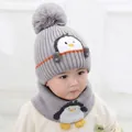 Gray knitted baby winter hat and neck scarf set featuring cute penguin embroidery - Little Penguin Hat & Scarf Set - Grey