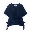Detail of navy blue hollow knit top featuring chunky texture and side drawstring ties - Navy Blue