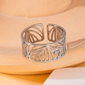 Adjustable silver leaf pattern stainless steel ring with elegant hollow cutout design - Hollow Leaf Texture Style (15) / Steel