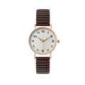 Montre rétro pour femme avec boîtier or rose, cadran nacré et bracelet brun ondulé - Marron
