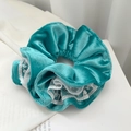 Vintage peacock green velvet scrunchie with white lace trim for elegant hair styling - Q686-4 Teal Velvet White Lace