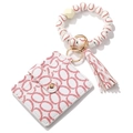 Baseball themed white leather card holder keychain set with elastic wristlet and red tassels - #19 Wooden Beads