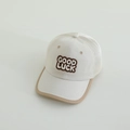 Close-up of GOOD LUCK embroidery and breathable mesh on a kids vintage baseball cap - Beige (Khaki Edge)