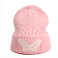 Close-up of pink ribbed knit beanie with white butterfly jacquard pattern details - One Size (Elastic) / Pink