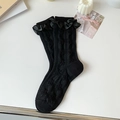 Black Lolita calf socks featuring ribbon bow decor and embossed rose floral texture - One Size / Black Sakura