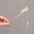 Detail of silver branch hair stick with pink flowers, pearls and long tassels - Pink Iris