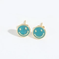 Golden round smiley face stud earrings featuring turquoise enamel inlay for women - Lake Blue