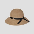 Elegante cappello da sole in paglia a tesa larga con fiocco nero e logo - M (56-58cm) / Cachi