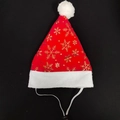 Red plush Christmas pet hat with golden snowflake patterns and adjustable white strap - Gold Snowflake Print Pet Christmas Hat / 15*22cm